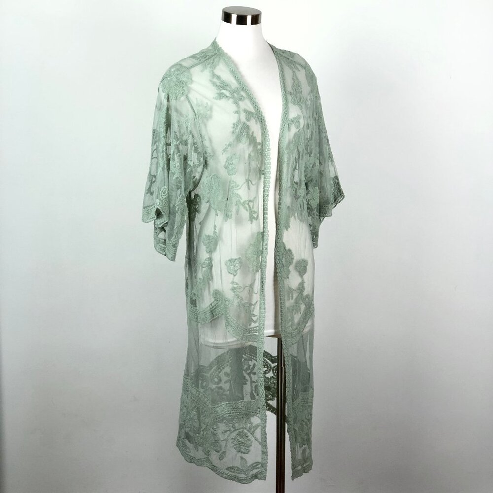 Anna Kaci Seafoam Embroided Lace Midi Robe Duster One Size Floral Feminine Sheer
